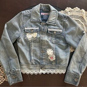 Denim Jacket,lace appliqués Vintage style, Handcrafted boutique clothing,kids 12